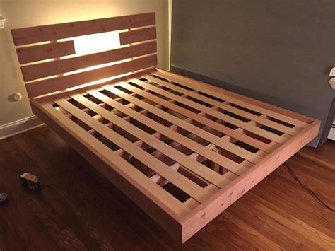 Queen size floating bed frame - Floating bed frame with LED lighting - plans for a beautiful and inexpensive bed frame! A floating bed frame can make a sleek, unique, and stylish addition to a bedroom. Instead of being held up by visible legs on each of the outside corners of the frame, floating bed frames are suspended by a virtually invisible base platform …